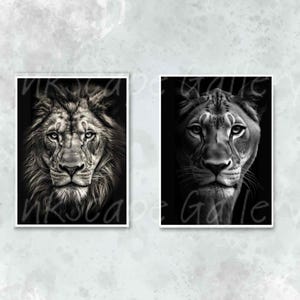Wilder Löwe und Löwin Art Prints, Digital Download, starke Wildtier Wandkunst, Schwarz und Weiß Porträts, modernes Wohndekor