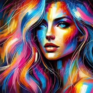 Colorful Abstract Woman Portrait | Multicolor Brushstroke Pop Art Digital Download | Bold and Vibrant Wall Art for Modern Home Decor