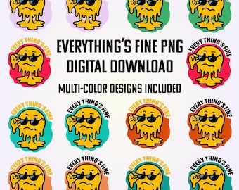 Smiley Face Sticker SVG PNG Bundle | Everything's Fine Anxiety Humor Clipart | Funny Mental Health Digital Download for Cricut & Sublimation