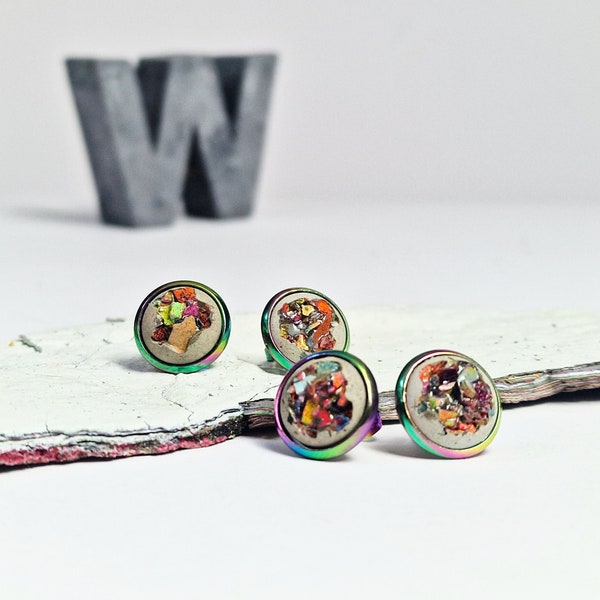 Simple ear studs made of concrete and layers of graffiti paint Concrete jewelry Graffiti jewelry. rainbow effect