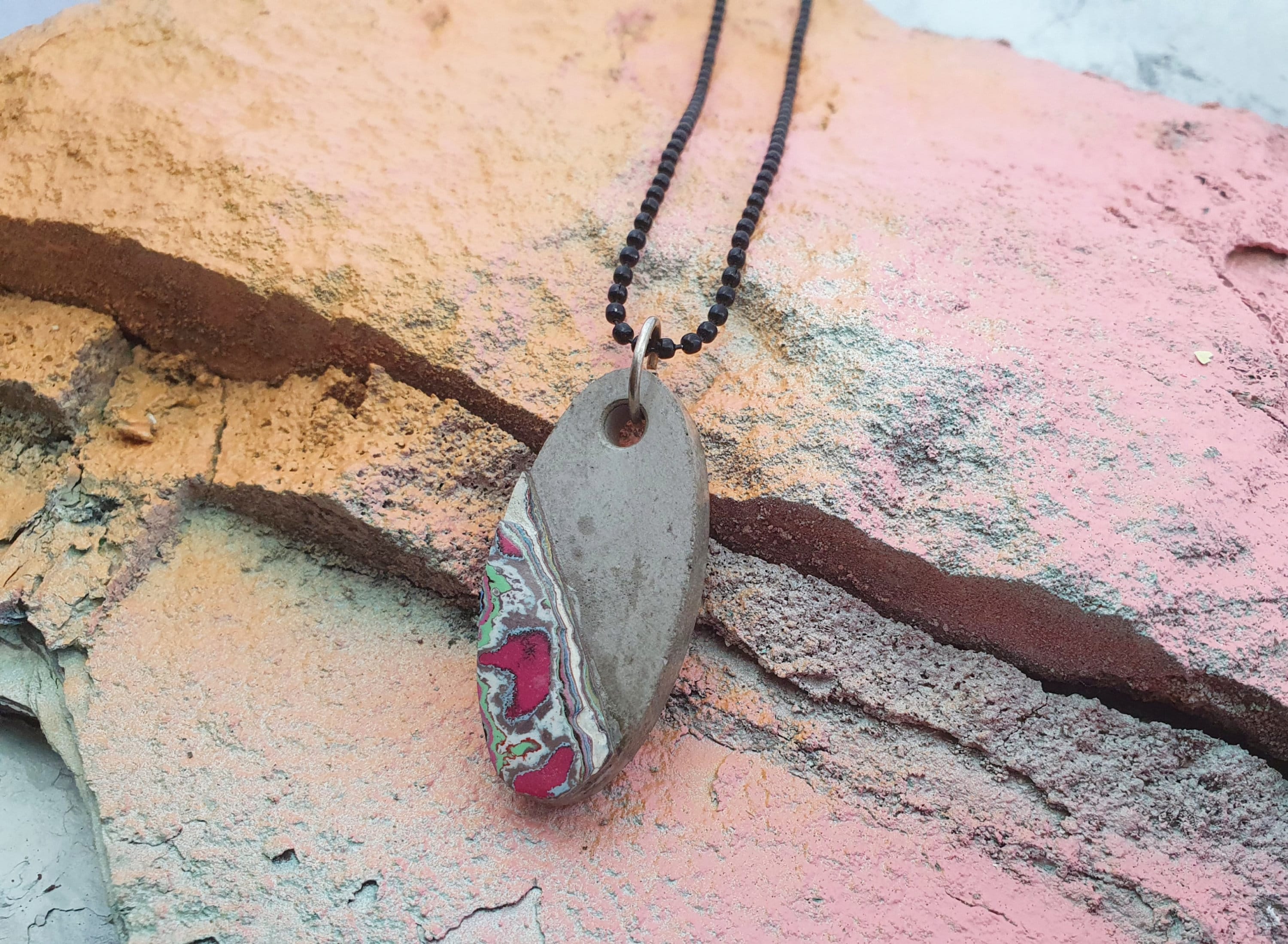 Necklace with concrete pendants and graffiti lacquer layers Upcycling jewelry
