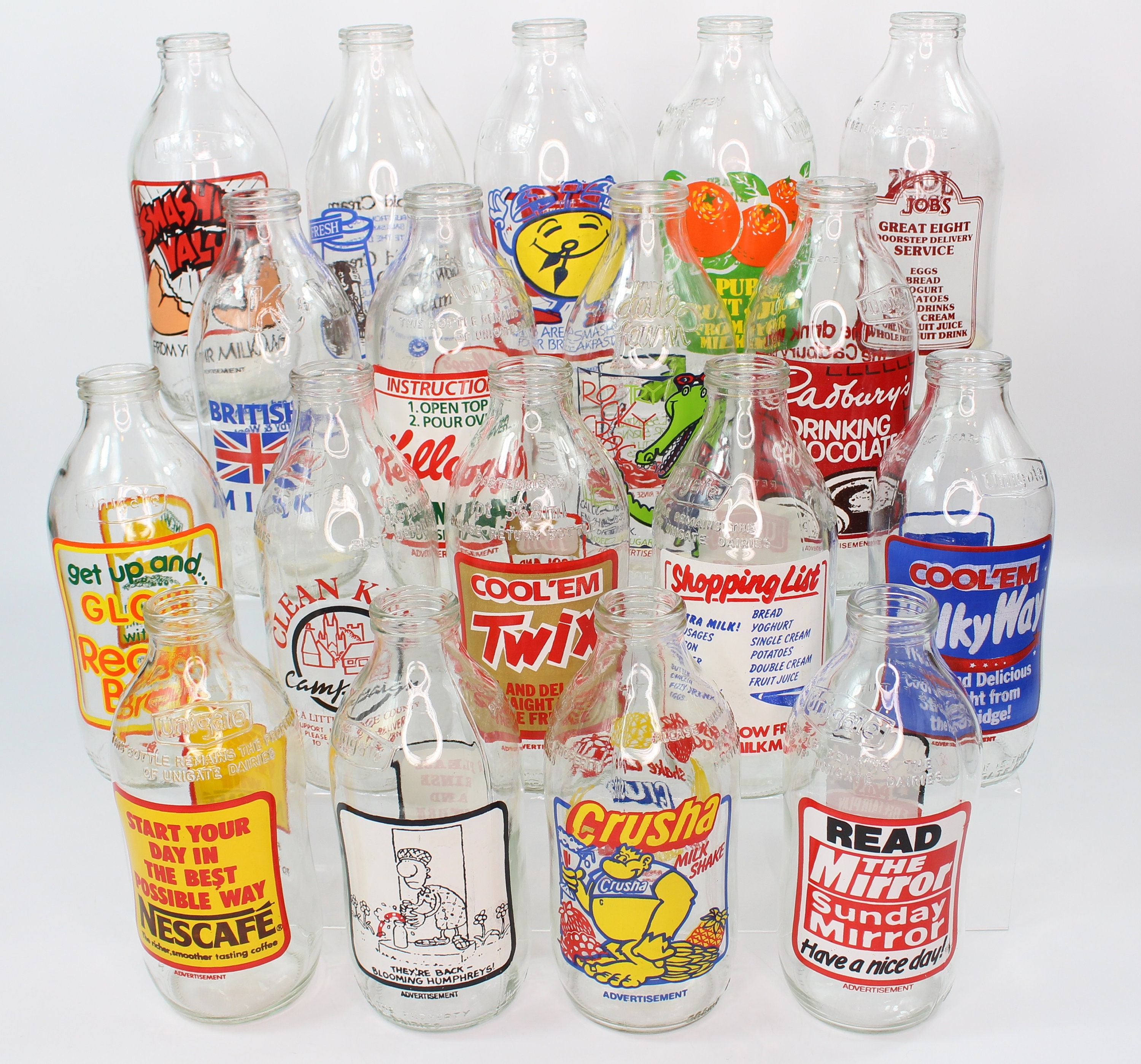Vintage Retro Unigate Advertising 1 Pint Milk Bottles 1980s Collectible Glass Bottles Colourful & Decorative