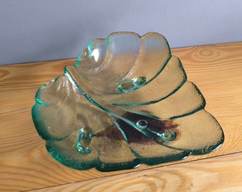 Ciotola decorativa in vetro verde testurizzato vintage, a forma di foglia, per caramelle e snack