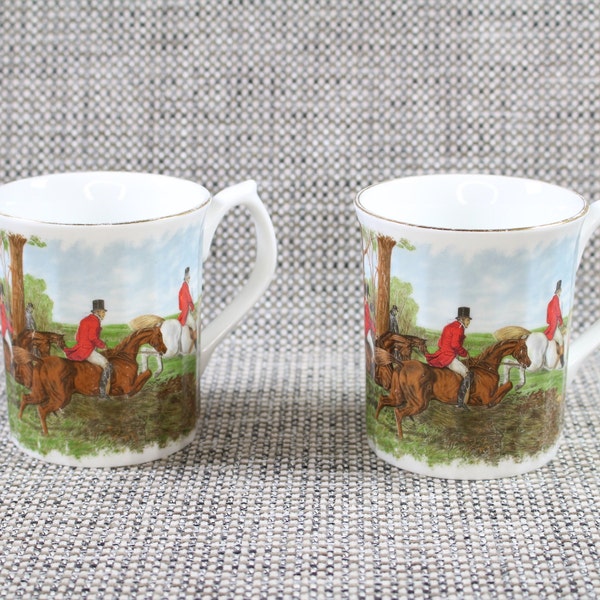 Set of 2 Vintage Mugs Elizabethan Staffordshire Hand Decorated Fine Bone China Hunting Scenes Coffee Tea Mugs 250ml