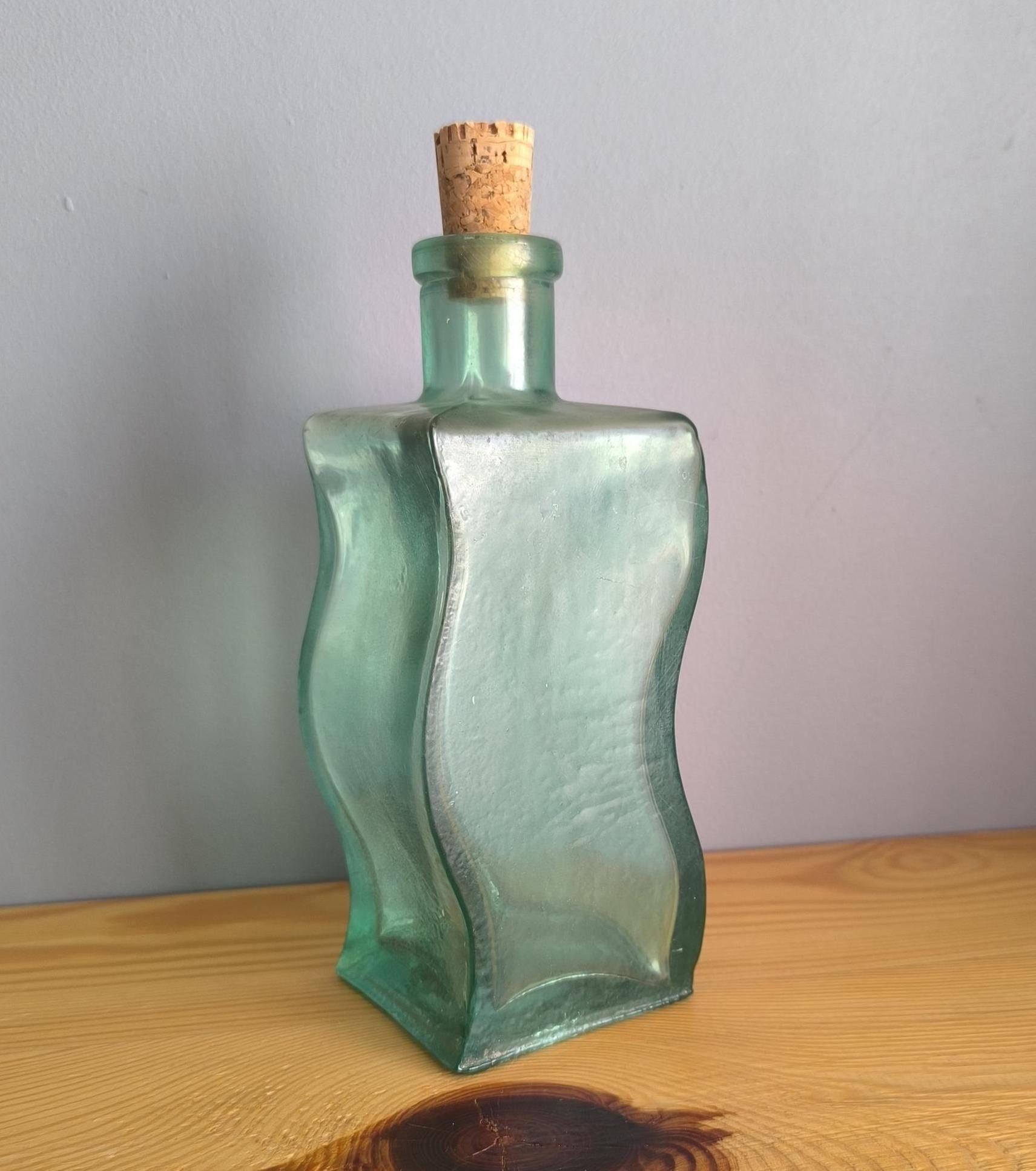 Vintage Green / Clear Art Glass Wavy Bottle with Cork Stopper