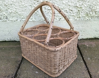 Vintage 6 Bottle Wicker Wine Carrier – Rustic Basket with Handles – Wine Rack Crate – Country Home Decor – Picnic or Storage