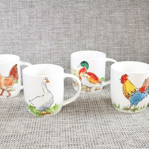 Set of 4 Vintage Mugs Country House Mugs Farm Animals Motive by Symphony Fine China 300ml
