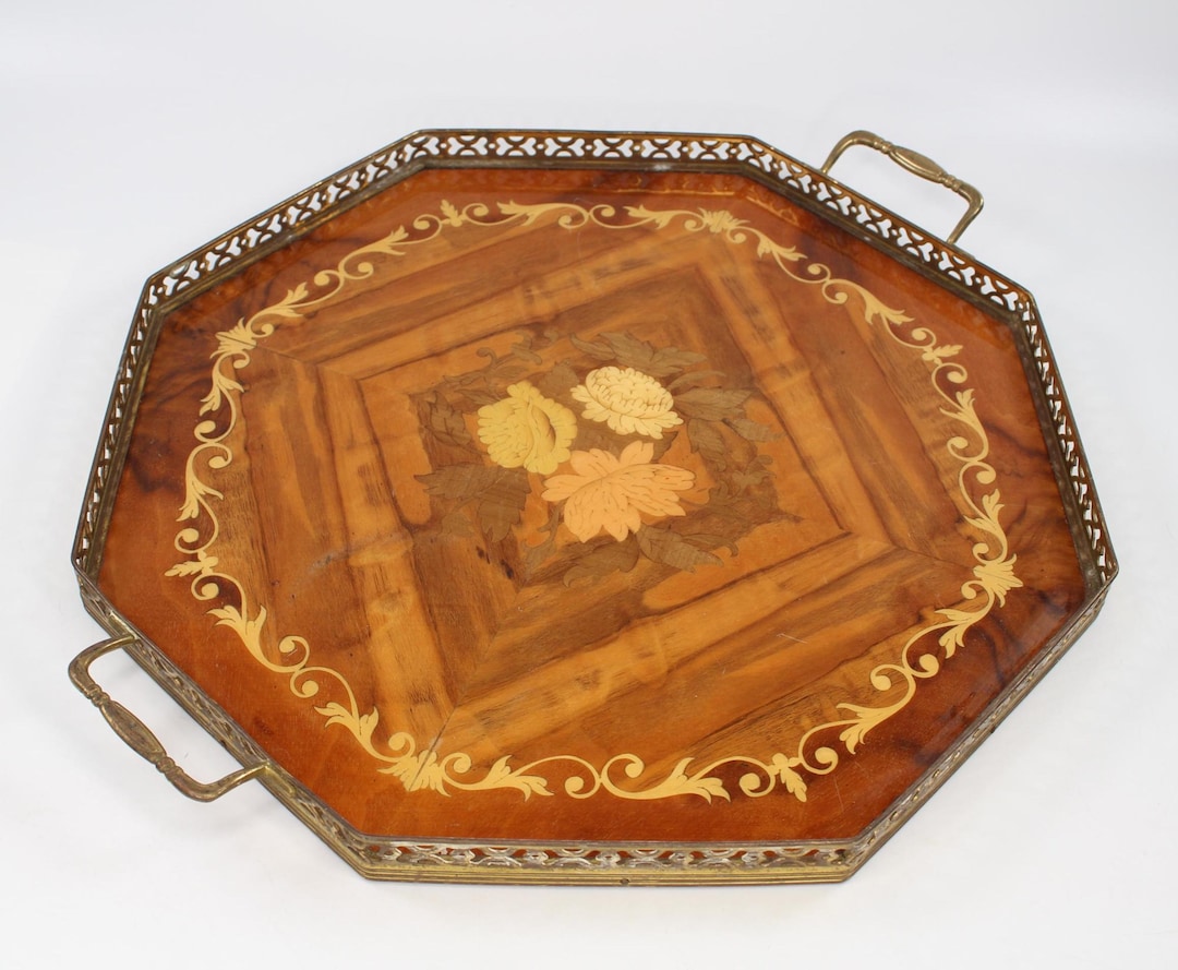 Vintage Italian Marquetry Wood Inlay Serving Tray Octagonal With Brass ...