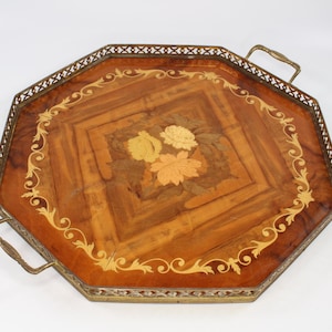Vintage Italian Marquetry Wood Inlay Serving Tray Octagonal with Brass Rim, Floral Centre 17&#39;&#39; Elegant Home Decor, Retro Gift
