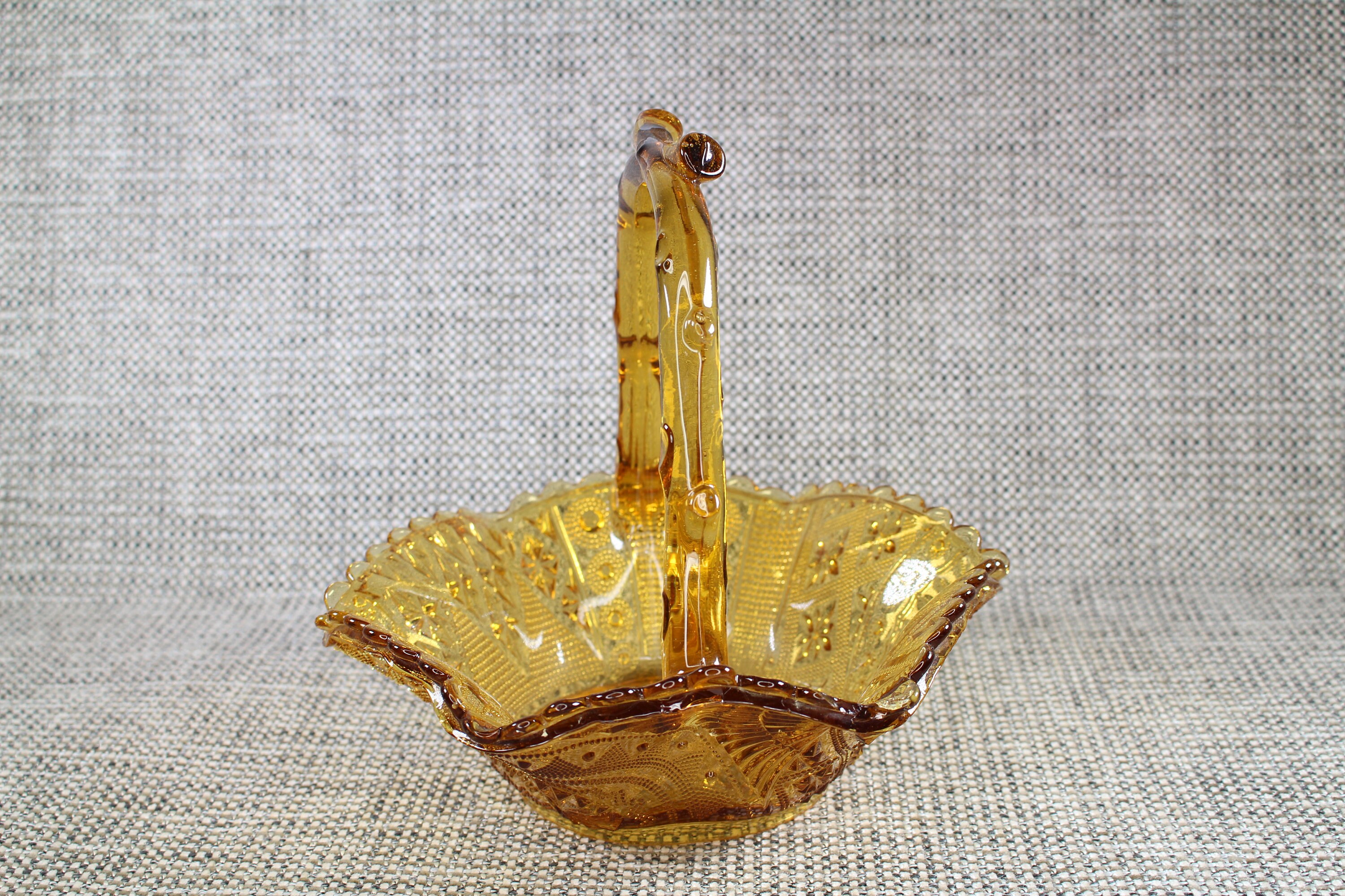 ヴィンテージ アンバーブラウン ガラス 装飾バスケット フルーツ