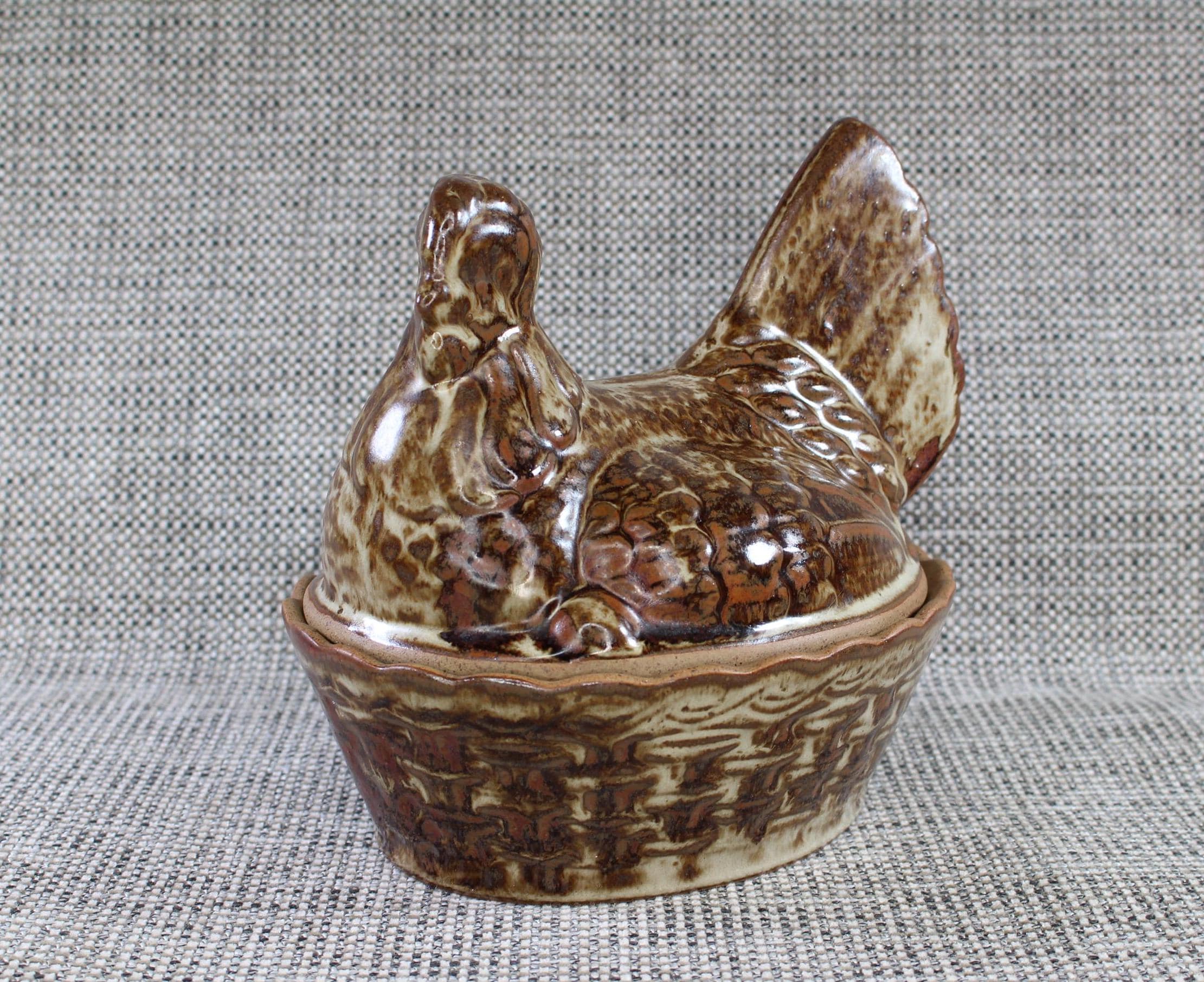 Vintage Ceramic Chicken Hen on Nest Egg Basket Egg Storage Farmhouse Kitchen Easter