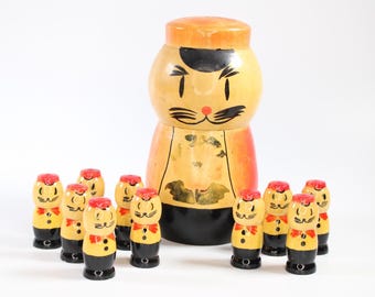 Vintage USSR / Russian Wooden Matryoshka Cat Doll with 10 Kittens Inside, Traditional Russian Nesting Dolls, Folk Art Gift Hand-Painted