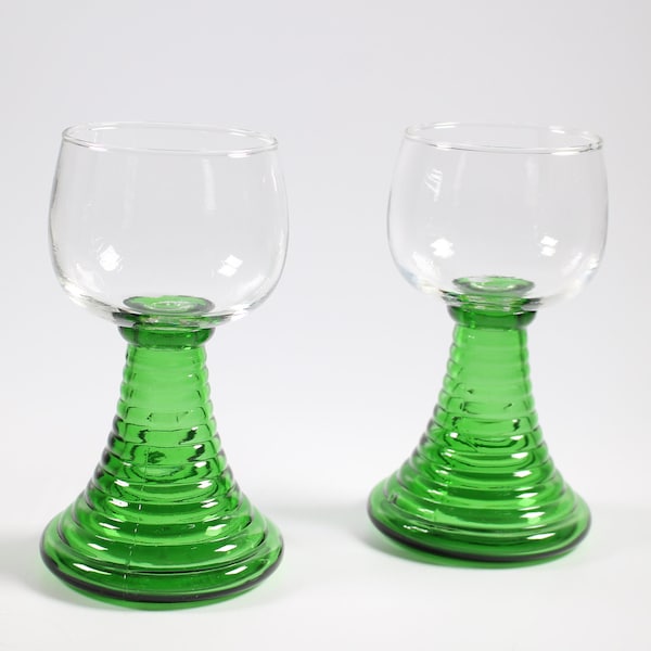Set of 2 Vintage Green Stem German Wine Glasses Ribbed Stem, Roemer Glasses
