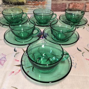 Set of 6 Vintage Arcoroc France Green Glass Cups & Saucers | Retro Coffee Tea Set | Collectible French Glassware