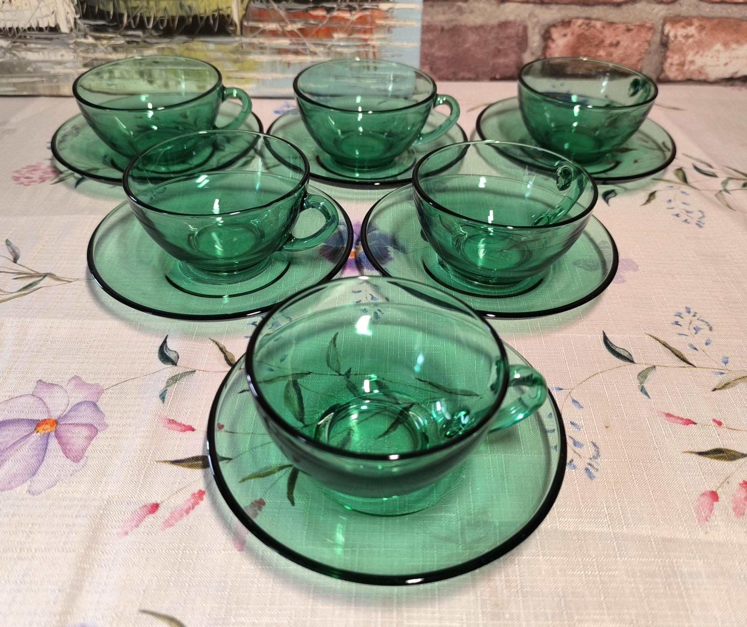 Set of 6 Vintage Arcoroc France Green Glass Cups & Saucers | Retro