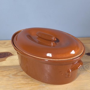 Può includere: Una casseruola ovale in ceramica marrone con coperchio. La casseruola ha una finitura lucida e due manici sui lati.