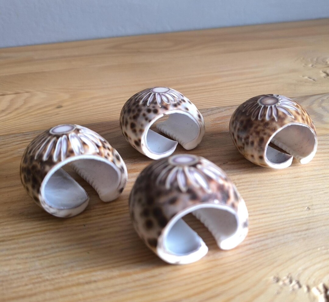 Set of 4 Napkin Rings Made From Cowrie Shells, Brown White Natural Sea ...