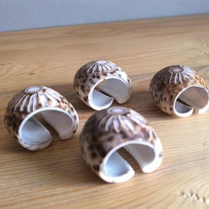May include: Four brown and white seashell napkin rings with a decorative design.