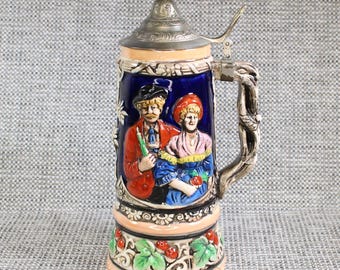 Vintage German Beer Stein Mug with Pewter Lid Retro Tankard Barware