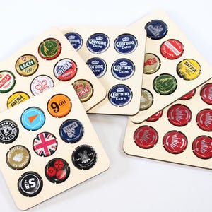 Wooden Bottle Cap Coaster with 9 Assorted Bottle Tops, Gift for Him, Husband Dad Father Present, Beer Mat with Crown Caps, Man Cave, Bar Pub