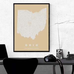 Ohio Map Art, Map Print, Road Map, Digital Download, State Nickname Map, The Buckeye State, Personalized Gift, Home Office Décor, Laminated