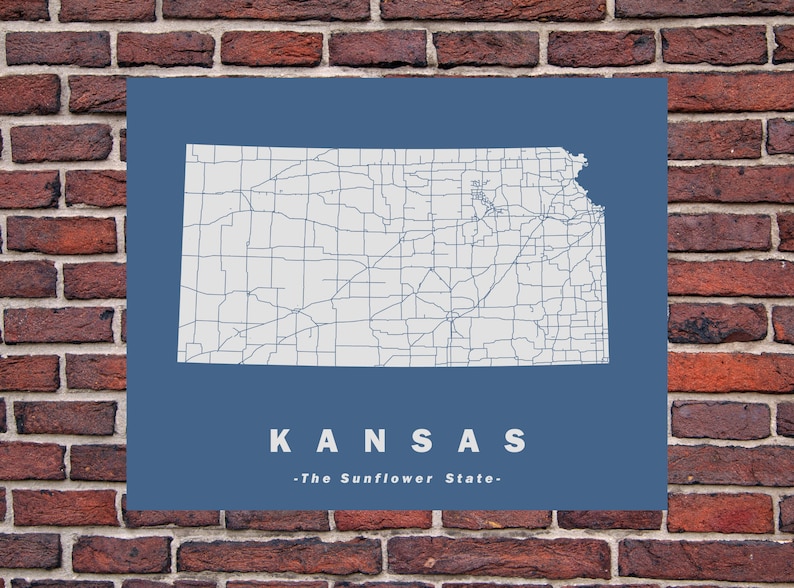 Kansas Wall Art, Map Print, Road Map, the Sunflower State, Personalized