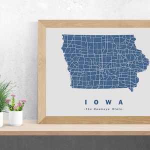 Iowa Map Print, Map Art, The Hawkeye State, Road Map,  Home Office Wall Décor, Personalized Map Gift, Map Poster, Modern Style