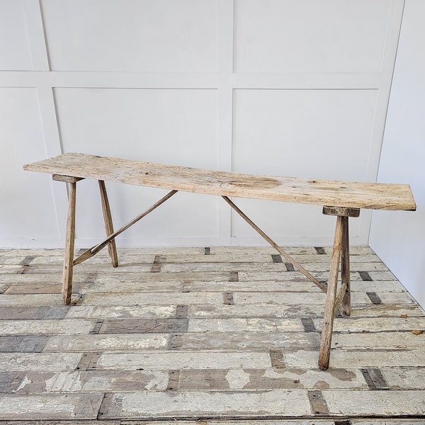 Antique French Console Table | Charming Early 20th Century Scrubbed and Bleached Trestle Table | French Farmhouse  Table
