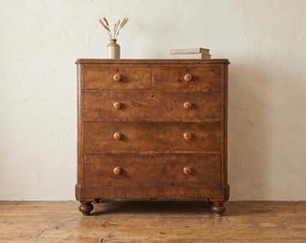 Antique Pine Chest of Drawers | Large Victorian Painted Chest | Five Drawer Storage Chest | 19th Century Bedroom Drawers