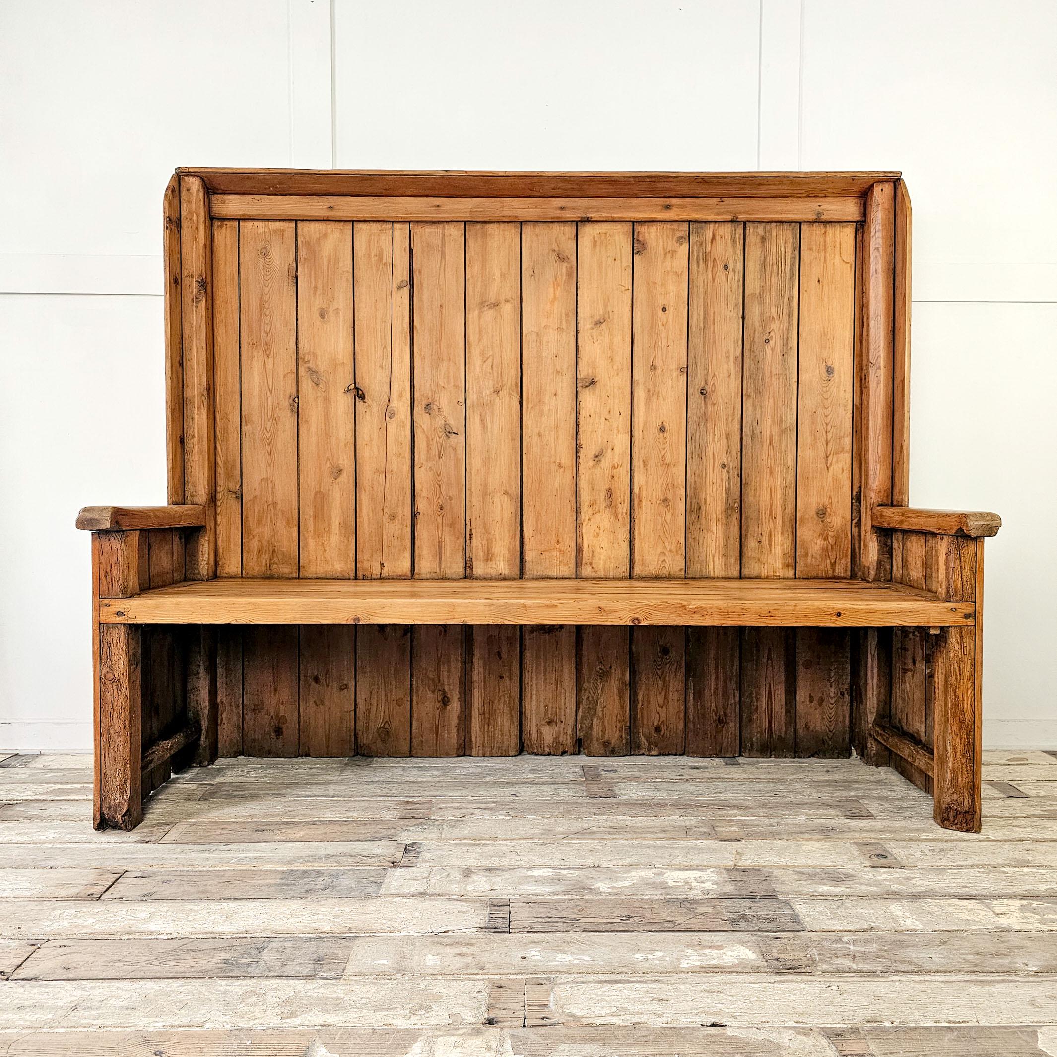 Large Antique Pine Settle 19th Century High Back Bench Country Home Style Hall Bench With Winged Sides Etsy