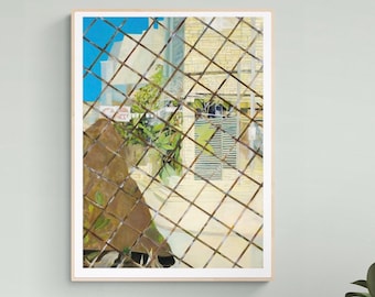 May include: A close-up view of a rusty metal fence with a building and blue sky visible through the gaps. The fence is made of a grid pattern of metal bars. The building is a light yellow color with a brown roof. The sky is a bright blue color.