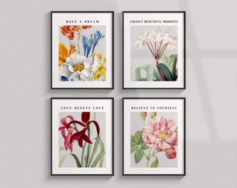 Printable Wall Art Set of 4 Flowers, Quote Wall Art Poster, Instant Download