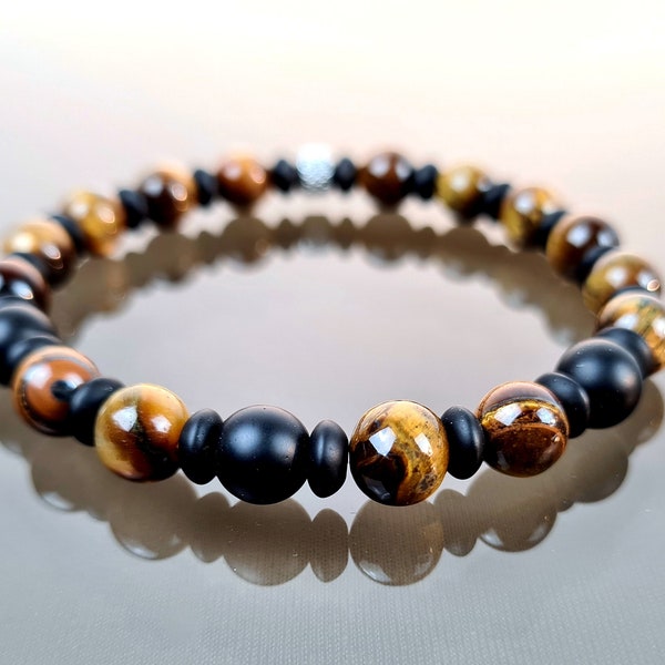 Edelstein Armband, AAA+ Perlen Qualität. Onyx und Tigerauge. Handgefertigter edler Unisex Armschmuck. Tolles Geschenk für Sie und Ihn. 6 mm