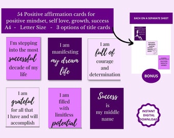 54 affirmation cards printable for women. Pink, purple Cards for  women for success, business, money. Law of attraction. Affirmation deck