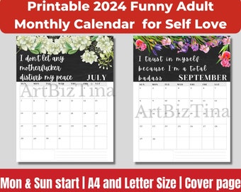 2024 adult swearing calendar, 2024 calendar printable portrait, 2024 wall calendar floral, fuck it monthly planner, funny, rude, swear gift