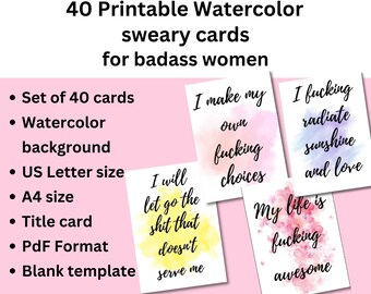 Set of 40 Watercolor Sweary Affirmation Cards for Badass Women, DIY Funny Swearing Encouragement Cards, Swear, Sarcastic Affirmations Gift