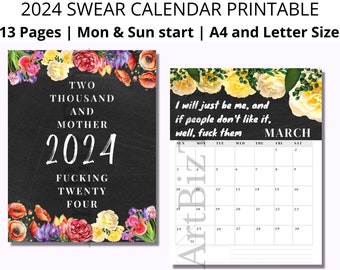 2024 Swear Calendar Printable floral, funny wall Calendar, Swear gift, Adult Humour, Rude, Cuss Word Calendar, Portrait, yearly, monthly pdf