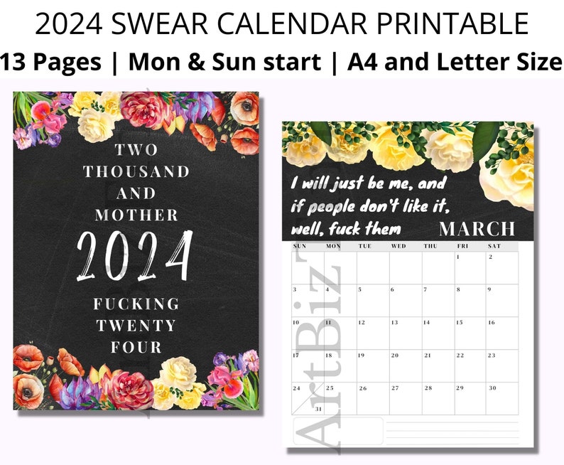2024 Swear Calendar Printable Floral Funny Wall Calendar Etsy