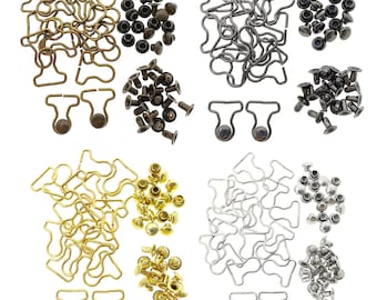 May include: Assortment of metal garment hardware in four colours: gold, silver, bronze, and black. Each set includes a pile of D-rings, two T-shaped clasps, and a pile of metal rivets.