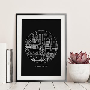 Printable Budapest Poster in Black | Black and White Minimalist Poster | Digital Print | Must-Visit Attractions in Budapest, Hungary