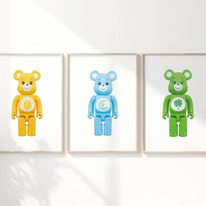 Set of 3 Carebears bearbrick wall art prints for childrens bedroom or nursery