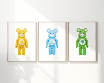 Set of 3 Carebears bearbrick wall art prints for childrens bedroom or nursery