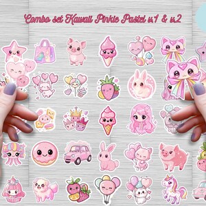 Combo set Kawaii Pinkie Pastel Sticker Sheet – Kawaii Clipart Bundle featuring Cute Pinkie Pastel, Printable Digital Files in PNG/JPG Format