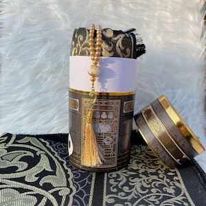 Personalized Prayer Rug Set: Black & Gold, Cylinder Gift Box