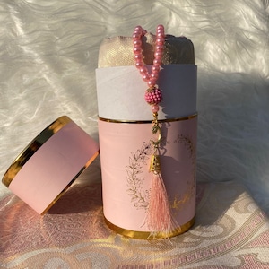 Personalized Prayer Rug Set: Pink Cylinder Box, Pearl Tasbeeh, Ramadan Gift