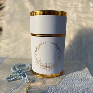 Personalized Prayer Rug Set: Blue Cylinder Gift Box, Pearl Tasbeeh