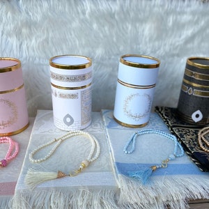 Personalized Prayer Rug Set, Ramadan Gift, Cylinder Gift Box, Wedding Gift, Eid Gift, Muslim Favors, Prayer Mat, Pearl Tasbeeh, Sajadah