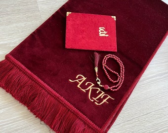 Juego de alfombra de oración de terciopelo personalizada: regalo islámico, tasbih de perla