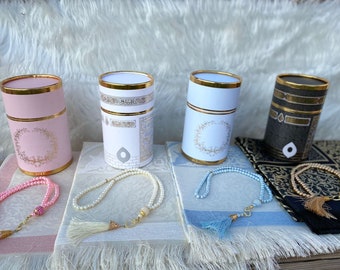Juego de alfombras de oración personalizado, regalo de Ramadán, caja de regalo de cilindro, regalo de bodas, regalo de Eid, favores musulmanes, estera de oración, Pearl Tasbeeh, Sajadah