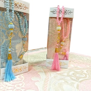Personalized Prayer Rug Set: Pearl Tasbeeh, Ramadan/Eid Gift